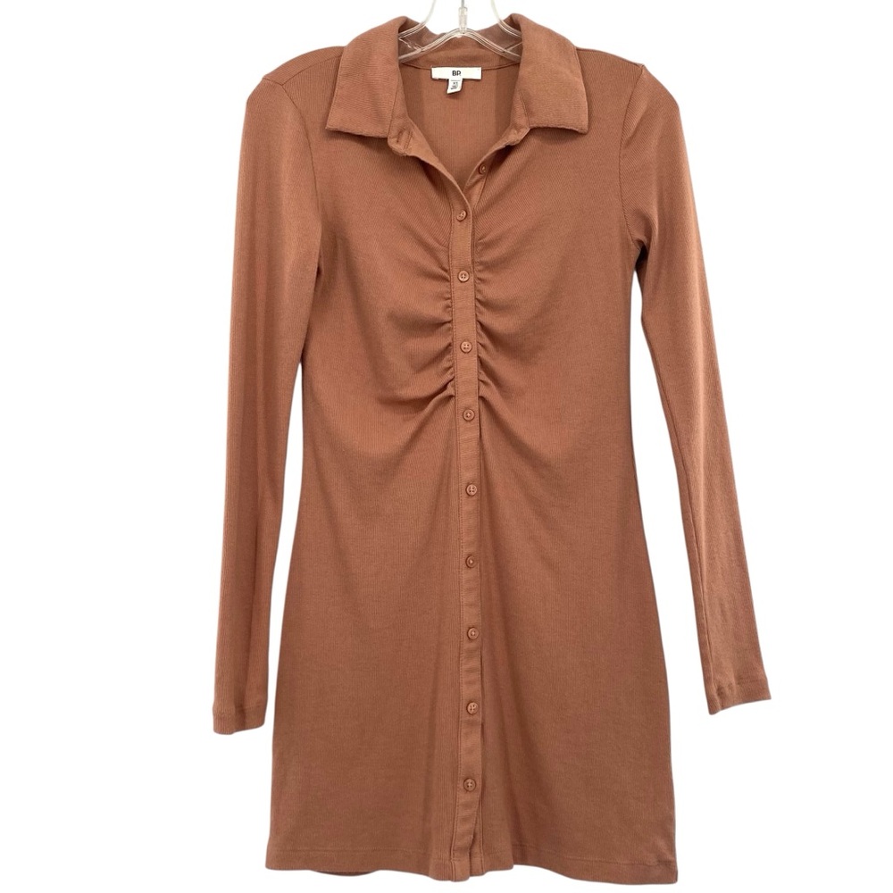 BP Nordstrom Tan Ruched Long Sleeve Rib Shirtdress Button Front Mini Dress